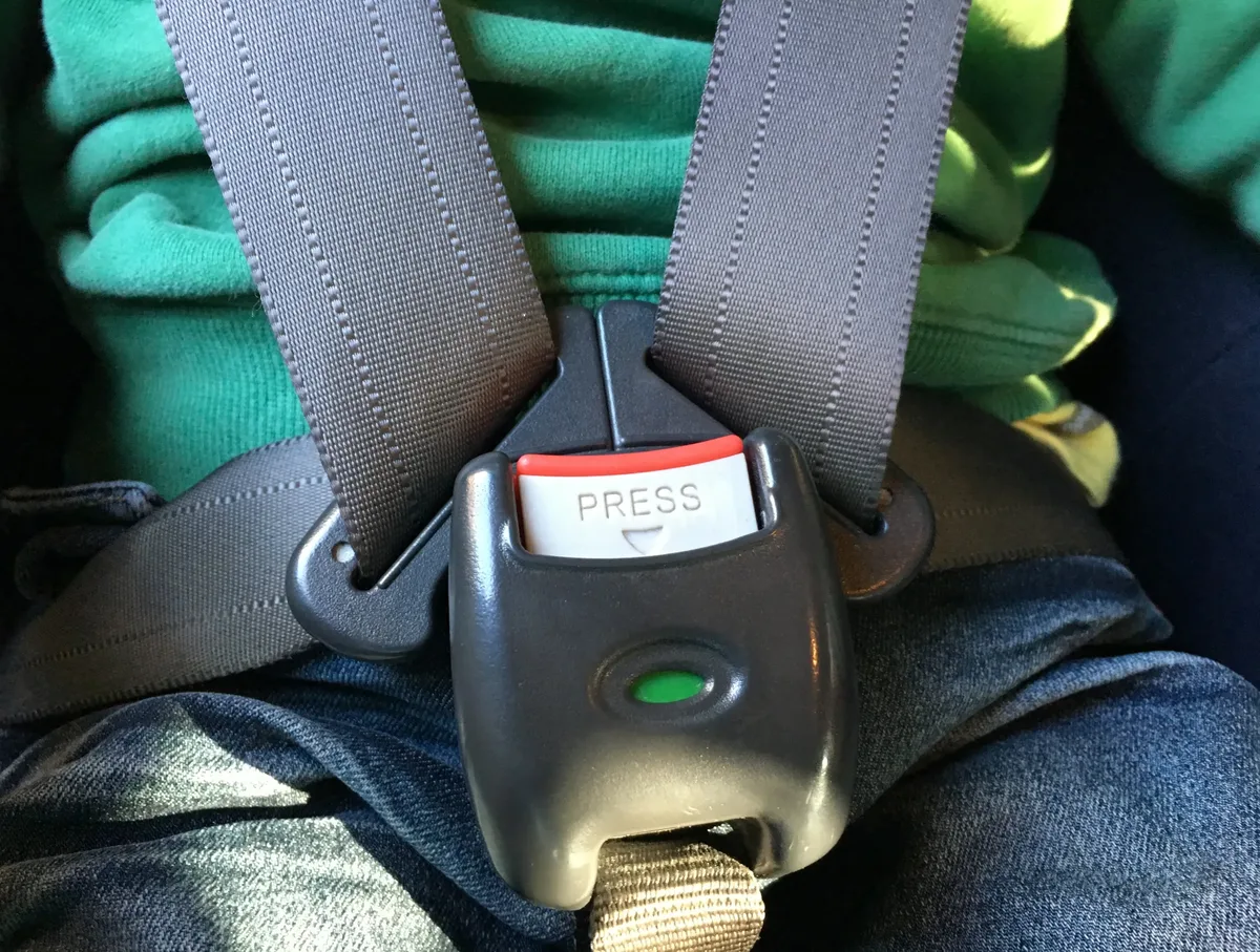 Multi-point harness with shoulder straps meeting a central buckle featuring a press release